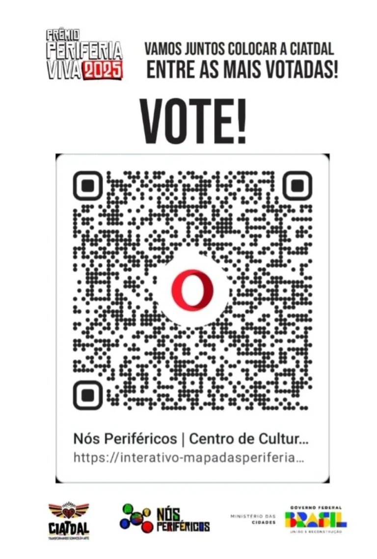 Cartaz da campanha com o QR code para votar na CIATDAL, com o selo Nós Periféricos