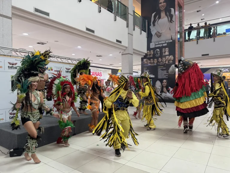 Grupo de dança tradicional com figurinos de penas coloridas se apresenta na mostra cultural do Porto Dança