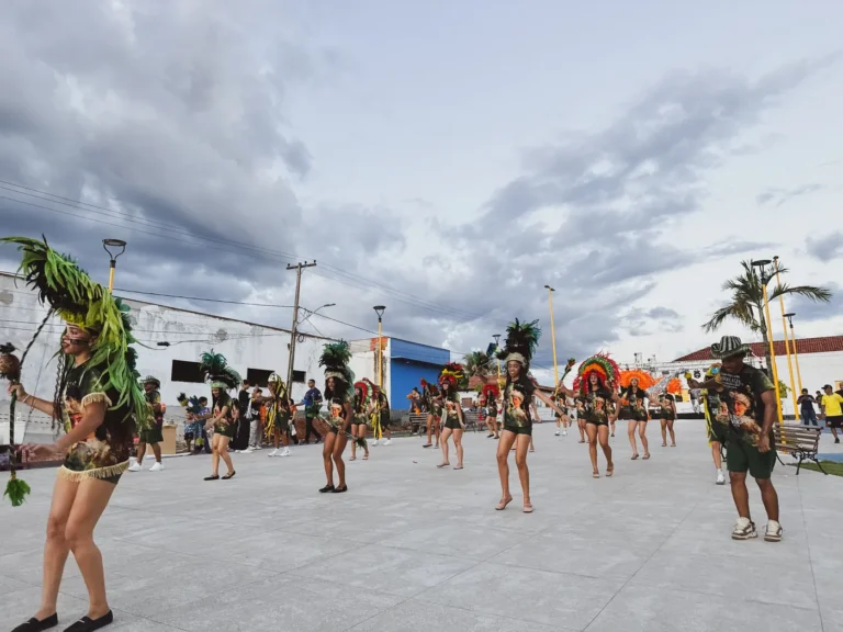 Brincantes do Boi do Favela desfilam pela rua ao entardecer durante a temporada