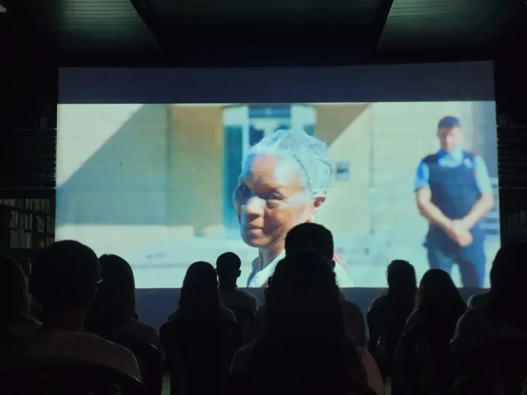 Silhuetas do público diante da tela durante a sessão de cinema do movimento
