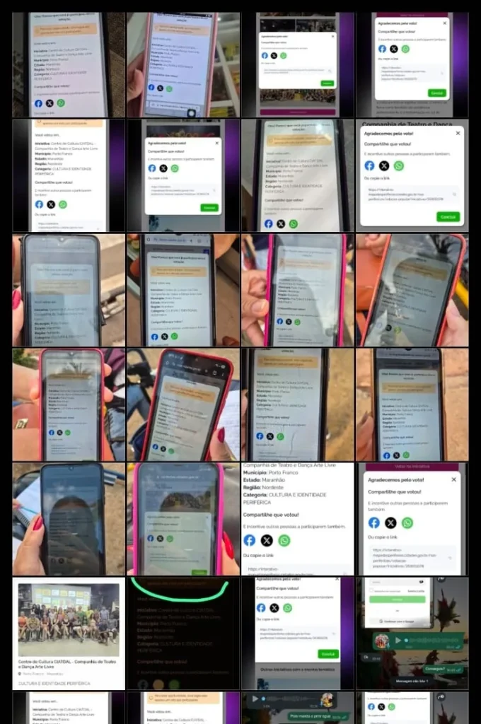 Mosaico de prints de celulares com os votos confirmados para a CIATDAL no Prêmio Periferia Viva
